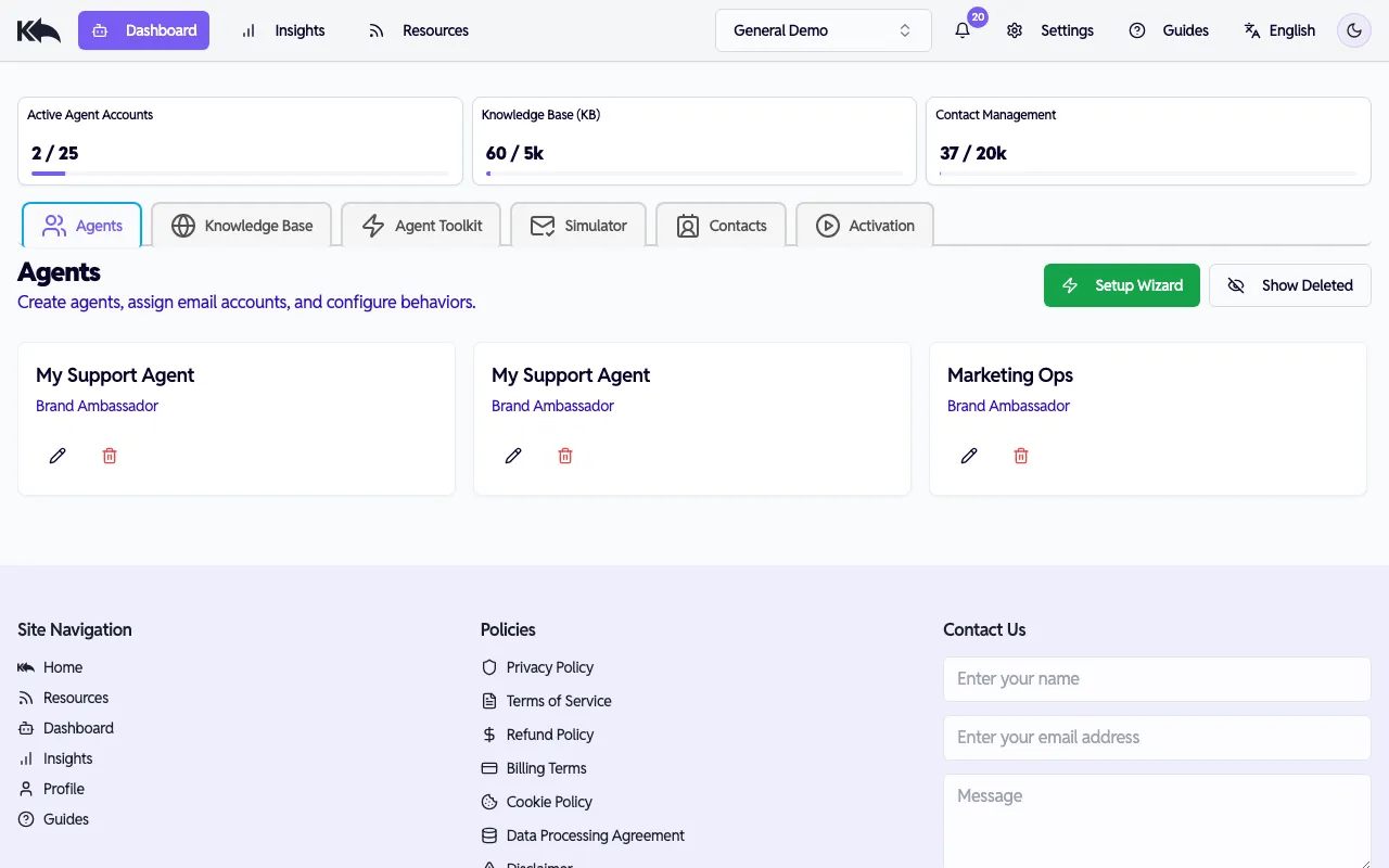 Dashboard showing agent cards with edit and delete icons