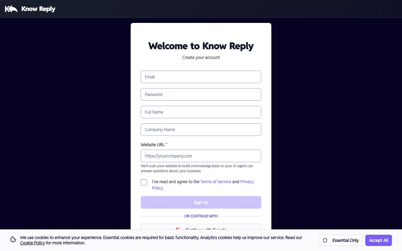 Signup form with company name and website URL
