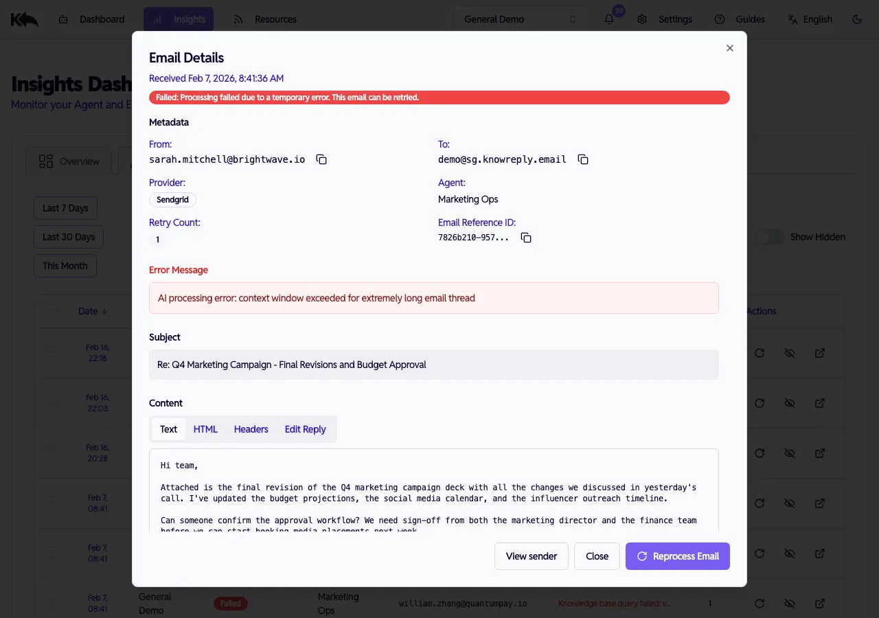 Failed email detail showing error message, metadata, original email content, and Reprocess Email button