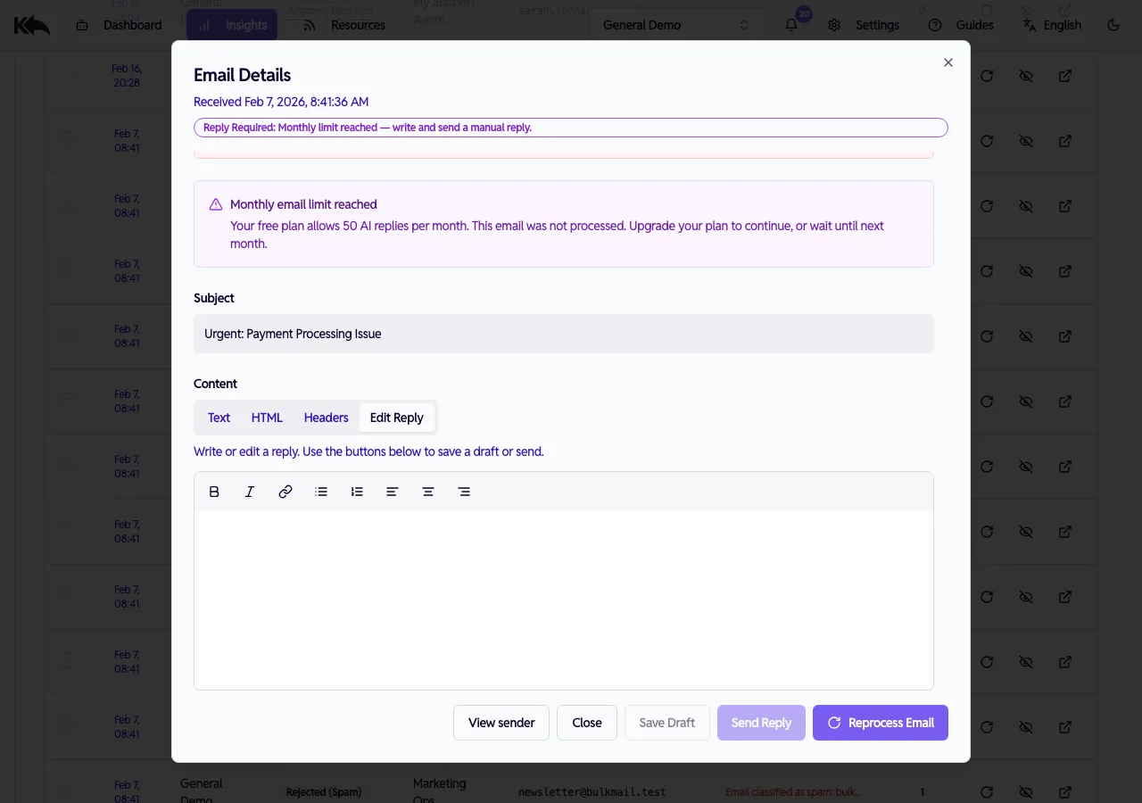 Limit exceeded email with empty Edit Reply editor for writing a manual response