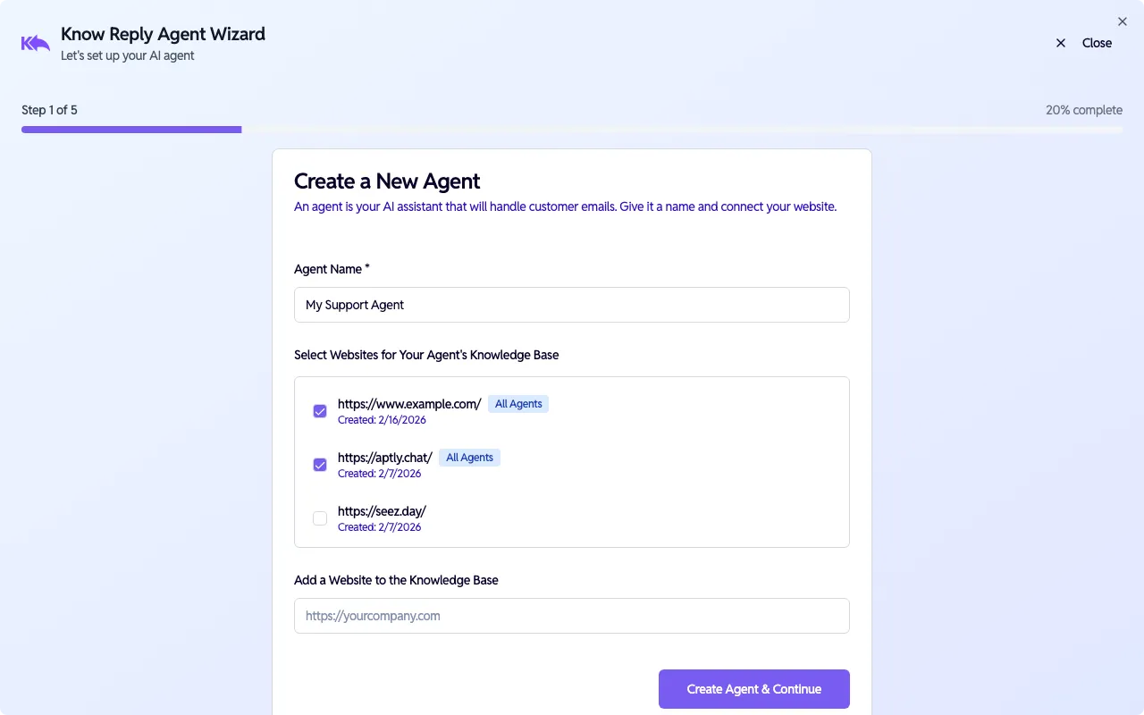 Wizard Step 1 — create agent with name and website