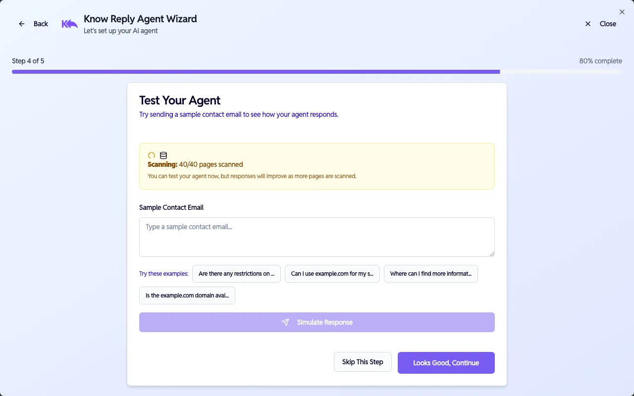 Wizard Step 4 — test your agent with the simulator