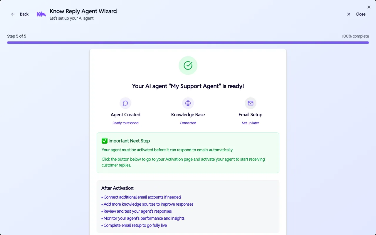 Wizard Step 5 — agent setup complete